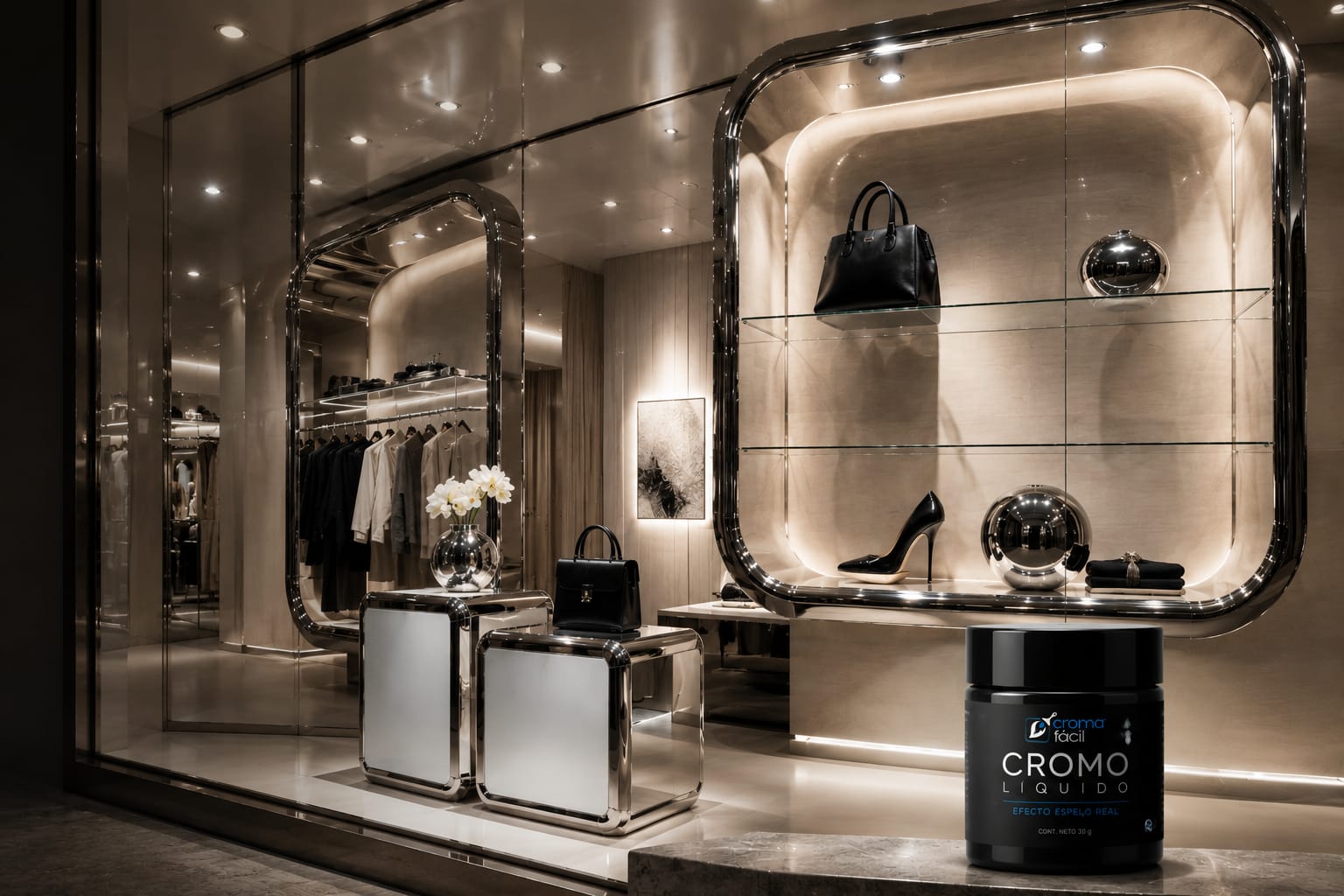 Interior de showroom con acabados cromados y producto Cromo Líquido®